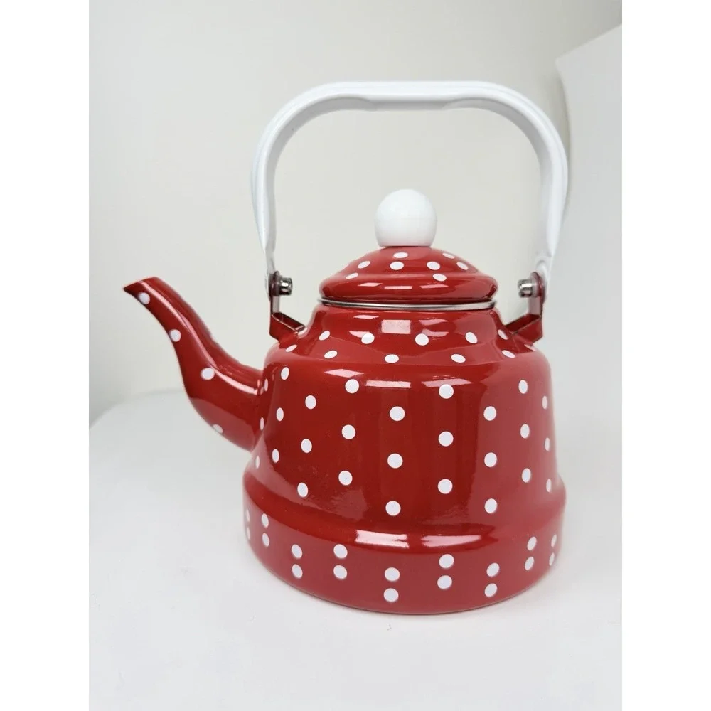 1L Red White Polka Dot Enamel Tea Kettle Teapot w/ Lid Stovetop Water Boiler